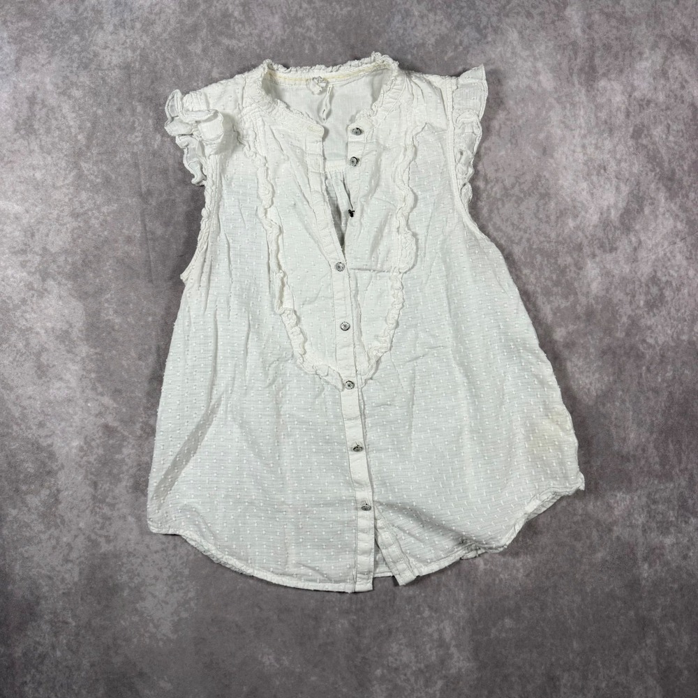 White Swiss Dot Ruffle Sleeveless Button Down Top Size 0 Romantic Coquette Boho
